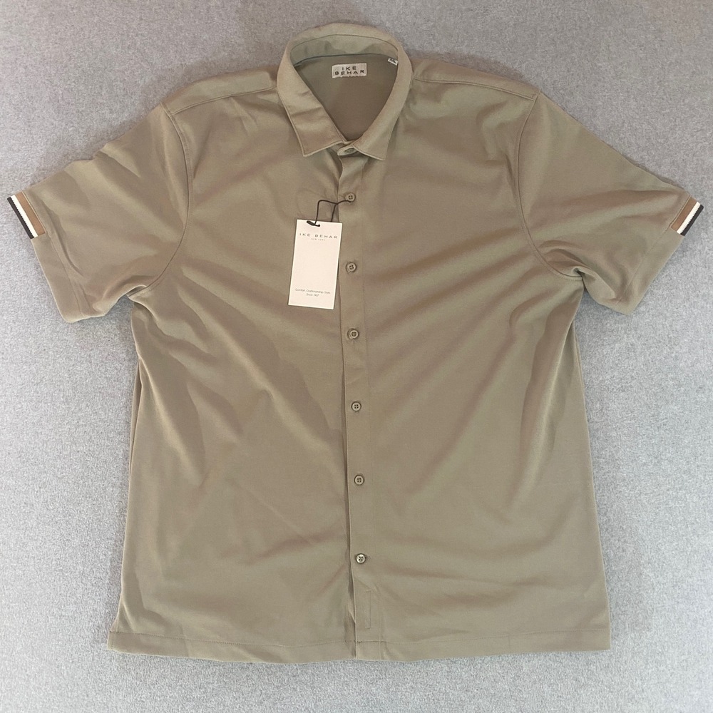 Ike Behar Mens XXL Short Sleeve Button Down Shirt Olive Khaki Pique Knit NEW